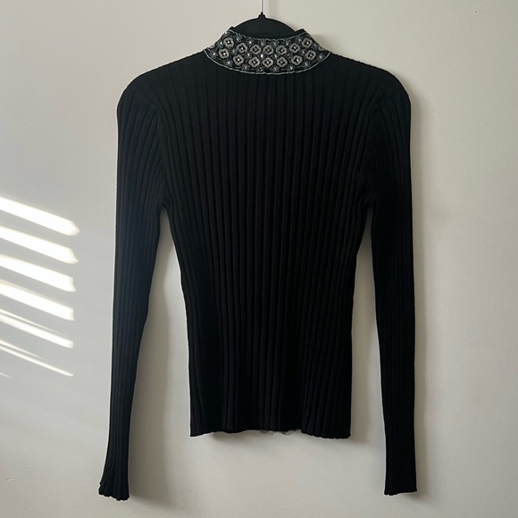 Ribbed zip up long sleeve sweater scallop hem mock neck beaded embellishments * - Picture 8 of 11